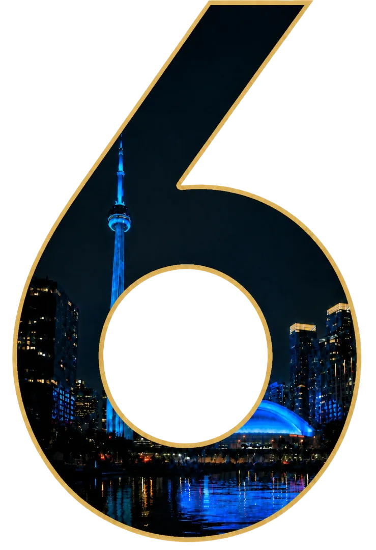 Toronto skyline illuminated inside the 6IX mark